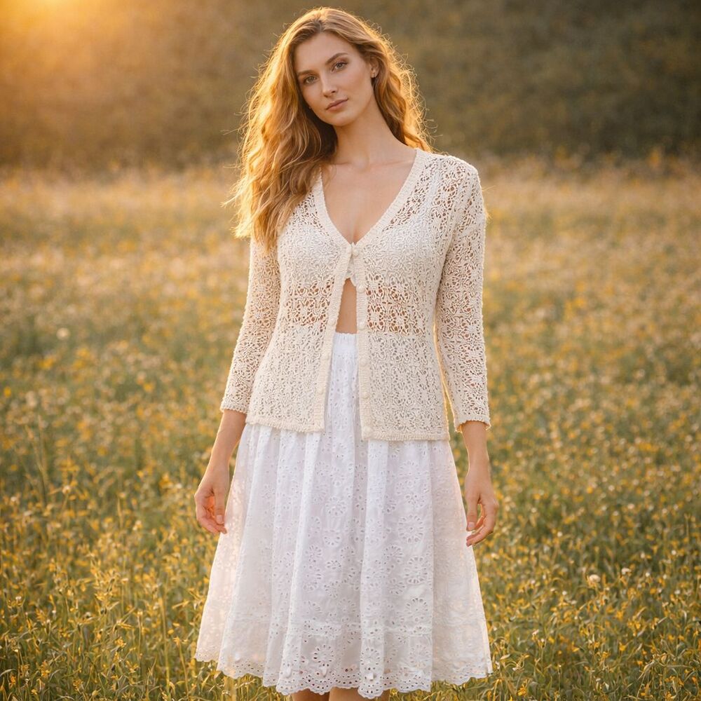 VTG Open Crochet Cardigan M Cream Beige Festival Boho 90s Y2K Cottagecore